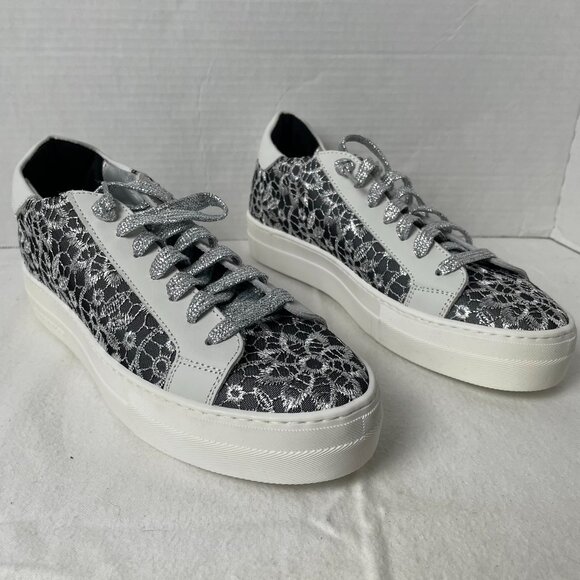 P448 Shoes - P448 Thea White/Black/Silver Embroidered Flower Low Top Sneakers